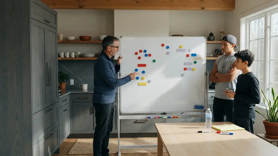 Coach and players reviewing a blank whiteboard